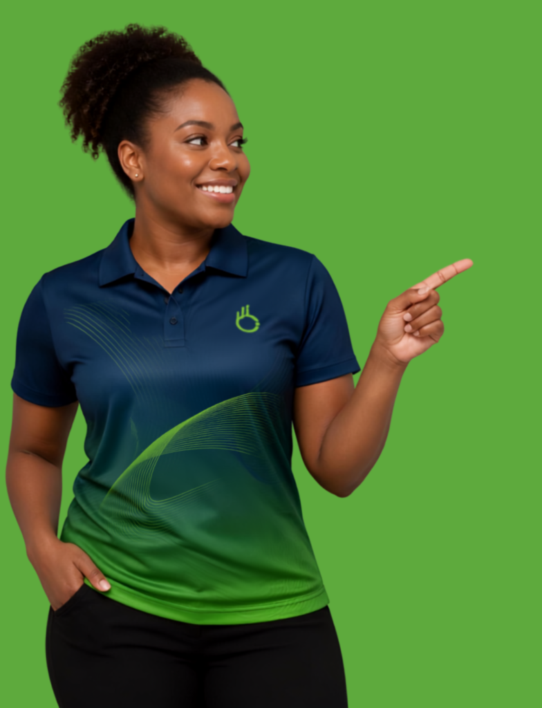 woman in braintec t shirt pointing left